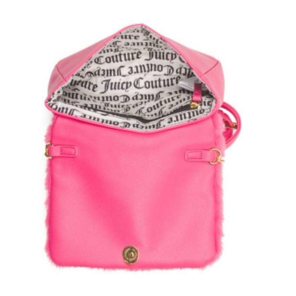 Juicy Couture Faux Fur Hot Pink Free Love Flap Crossbody & Black Fluffy Keychain - Picture 5 of 6